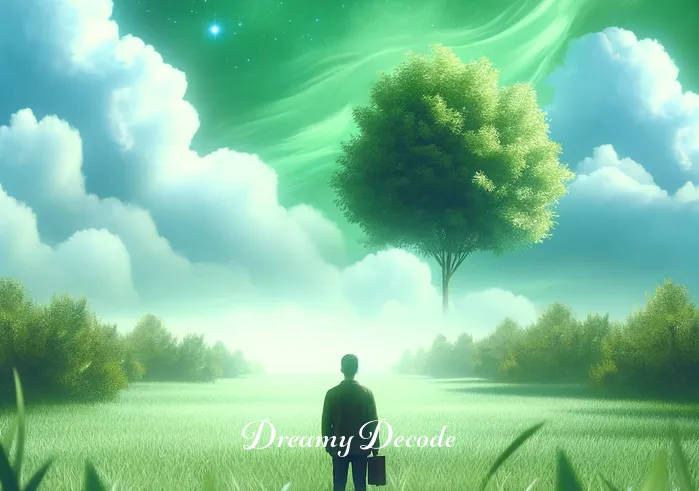 dream color meaning _ The same sleeper now finds themselves in a dream, standing in a lush green meadow under a clear sky. The color green fills the scene, representing growth and harmony, as the person looks around in wonder.