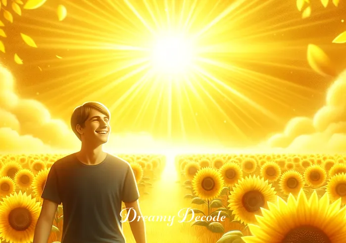 dream color meaning _ In the next scene of the dream, the person encounters a bright yellow sunflower field under a golden sunrise. This vibrant yellow setting symbolizes happiness and optimism, with the dreamer smiling as they walk through the field.