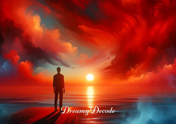 dream color meaning _ The final scene shows the dreamer at the edge of a calm ocean at sunset, with deep reds and oranges painting the sky and water. This scene represents passion and strong emotions, as the person stands contemplatively, watching the sun dip below the horizon.