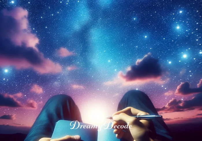 dream in color meaning _ A person sitting under a starry sky, with a notebook and a pen, jotting down thoughts. The sky is a vibrant mix of blues and purples, and the person is visibly relaxed, immersed in the moment, symbolizing the initial stage of introspection and the onset of a dream.