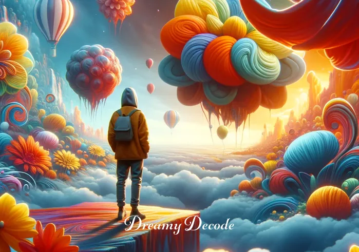dream in color meaning _ A dream sequence showing the person from the first image now in a colorful, surreal landscape. The scene is filled with oversized flowers and floating islands, reflecting a vivid imagination and the interpretation of dreams in vibrant colors.