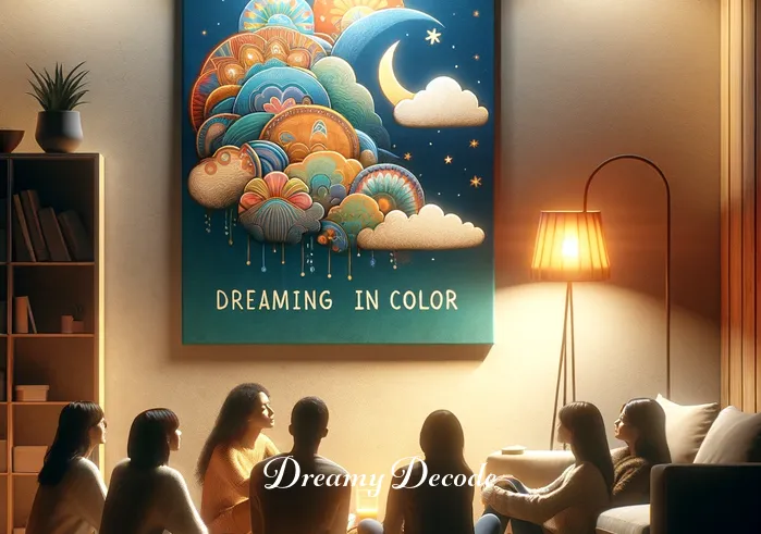 dream in color meaning _ The final scene depicts the person sharing their insights with a group of interested listeners in a cozy, well-lit room. There's a sense of community and learning, as they discuss the meanings and personal experiences related to dreaming in color.
