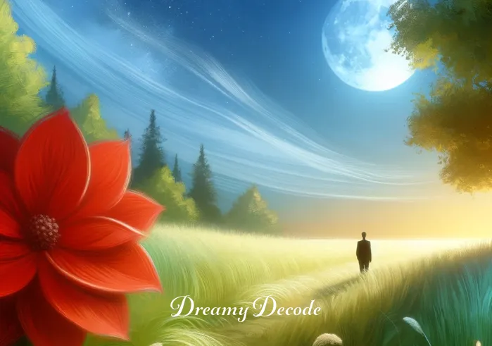 dream meaning color red _ A dreamer stands in a serene meadow under a clear blue sky, gazing at a singular, vibrant red flower in full bloom amidst a sea of green grass, symbolizing the initial encounter with the color red in a dream and its stark contrast in a peaceful setting.