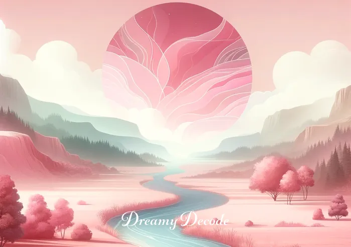 pink color dream meaning _ A serene landscape where a gentle river flows through a valley painted in various shades of pink, symbolizing peace and tranquility in dreams. The sky above is a soft pink hue, reflecting a sense of inner harmony and emotional balance.