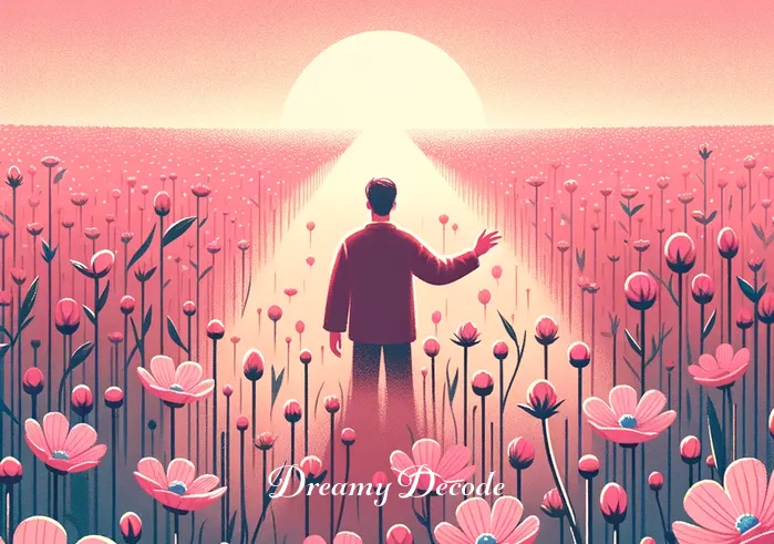 pink color dream meaning _ A person standing in a field of pink flowers, reaching out to touch the petals. This scene represents the dreamer