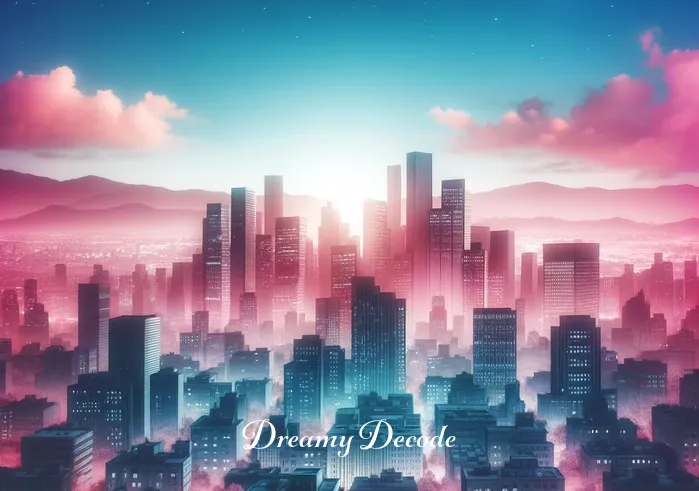 pink color dream meaning _ A dreamlike scene of a cityscape where the buildings are tinted in pink, under a twilight sky. This image signifies the dreamer