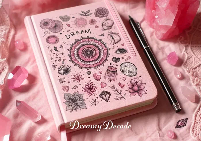 pink color dream meaning _ A close-up of a dream journal with a pink cover, surrounded by pink crystals and a pen. The journal's pages are filled with drawings of various pink objects, depicting the dreamer's reflection on the meaning of pink in their dreams and its implications for personal growth.
