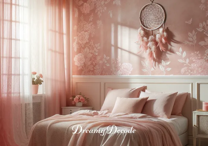 spiritual meaning of the color pink in a dream _ A tranquil bedroom scene illuminated in soft pink hues, representing a starting point in a dream. The walls are adorned with floral patterns, and a gentle light seeps through sheer curtains, casting a serene glow over a plush bed with pink bedding. A dreamcatcher hangs above, symbolizing the beginning of a spiritual journey in the dream.