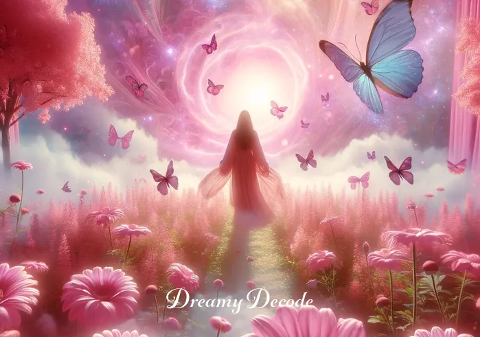 spiritual meaning of the color pink in a dream _ A dream sequence where a person, dressed in flowing pink attire, walks through a lush garden filled with pink flowers and butterflies. The garden radiates a peaceful aura, reflecting the spiritual growth and emotional healing associated with the color pink in the dream context.