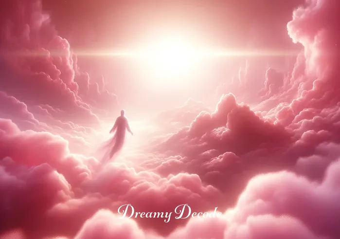 spiritual meaning of the color pink in a dream _ An ethereal landscape bathed in pink light, where the dreamer finds themselves floating amidst soft, pink clouds. This scene symbolizes a heightened state of spiritual awareness and connection, with the dreamer reaching a deeper understanding of their emotions and inner peace.