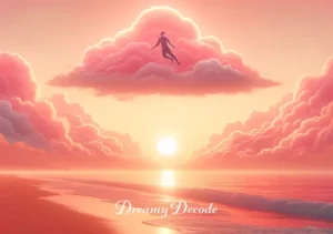 spiritual meaning of the color pink in a dream _ The final scene of the dream, depicting the dreamer gently descending from the pink clouds onto a serene beach at sunrise. The sky is a soft pink, symbolizing the culmination of the spiritual journey and the awakening of new insights and emotional balance as the dreamer returns to consciousness.