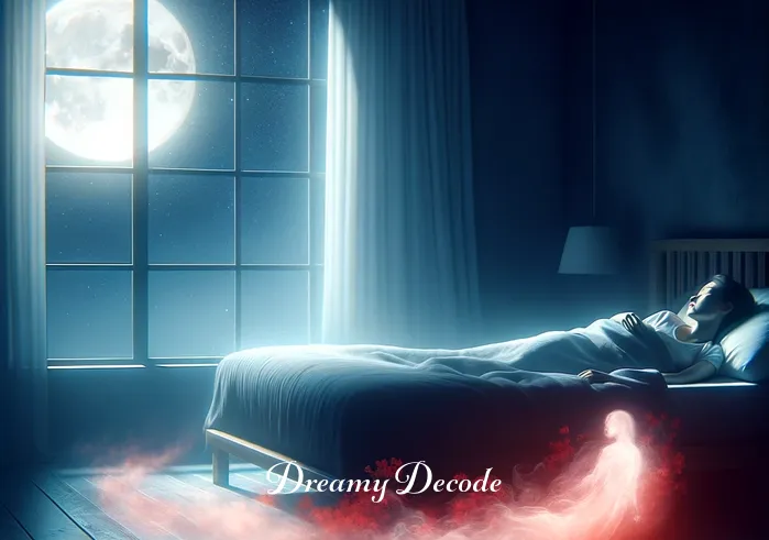 spiritual meaning of the color red in a dream _ A serene bedroom with soft moonlight filtering through the window, casting a gentle glow on a sleeping person. A faint, ethereal red mist begins to form at the foot of the bed, symbolizing the onset of a spiritual journey in a dream.