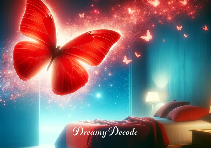 spiritual meaning of the color red in a dream _ The red mist transforms into a vibrant, red butterfly that flutters around the room, symbolizing transformation and spiritual awakening in the dreamer