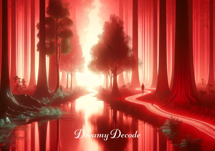 spiritual meaning of the color red in a dream _ The butterfly leads the dreamer through a peaceful forest bathed in a surreal red light, signifying a journey of self-discovery and the exploration of deep emotions.