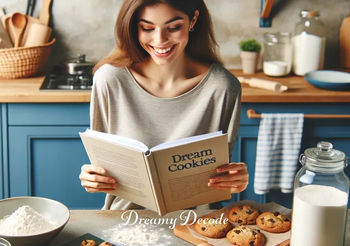 cookies dream meaning _ A person in a cozy kitchen, surrounded by ingredients like flour, sugar, and eggs, is happily preparing to bake cookies. They are reading a recipe book titled "Dream Cookies," which is open on the counter.