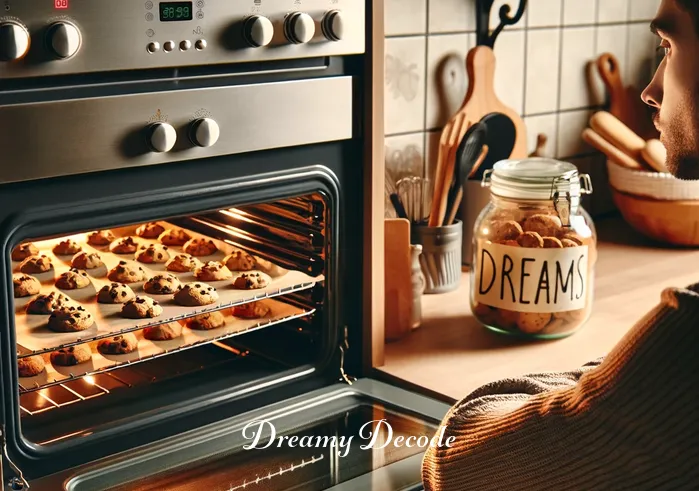 cookies dream meaning _ The same kitchen, now filled with the warm, inviting aroma of baking cookies. The person is peering into the oven, where trays of cookies are turning golden brown. On the counter, a jar labeled "Dreams" is seen next to cooling racks.