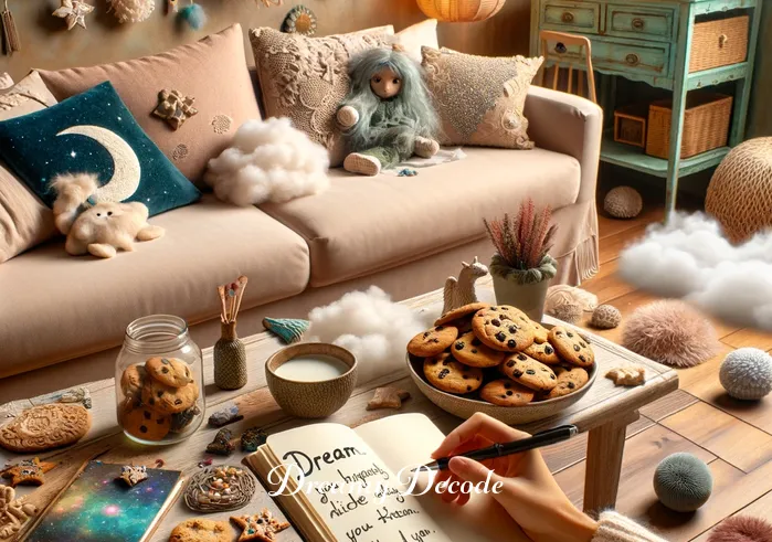 cookies dream meaning _ In a whimsically decorated living room, the person is seated on a comfortable couch, enjoying freshly baked cookies. Around them are scattered various dream-related books and a journal, with a pen poised for writing.