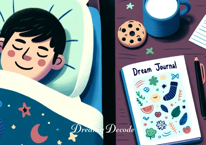 cookies dream meaning _ A serene night scene, where the person is asleep in their bed, with a contented smile. On the nightstand, there's a half-eaten cookie and the dream journal, now filled with colorful illustrations and notes about their dreams.