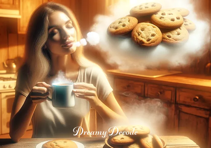 eating cookies dream meaning _ The same person now takes a tray of perfectly shaped, unbaked cookies out of the oven. This image symbolizes the next step in understanding the dream, representing the process of forming and baking ideas, much like cookies in an oven, with the warm, inviting ambiance of the kitchen enhancing the sense of discovery.