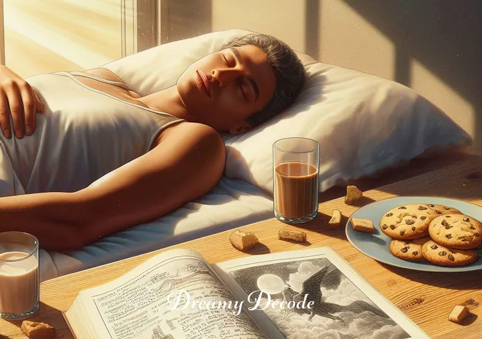 eating cookies dream meaning _ The final image shows the person peacefully resting in a sunlit room, with an open book about dream interpretation on their lap and a plate of half-eaten cookies on the table beside them. This serene scene signifies the culmination of understanding the dream's meaning, with the person appearing content and enlightened, reflecting a sense of fulfillment and insight.
