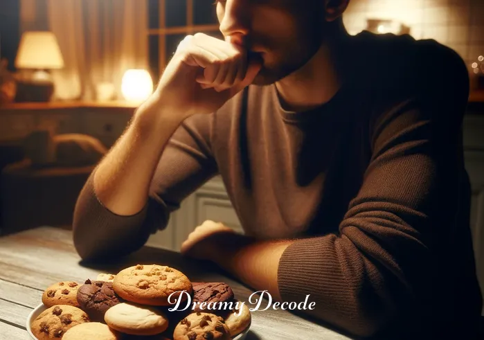 eating cookies in dream meaning _ A person sitting at a cozy kitchen table, surrounded by soft lighting, with a plate of various freshly baked cookies in front of them. They appear contemplative, as if pondering the meaning of a recent dream about eating cookies.