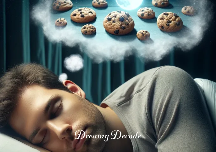 eating cookies in dream meaning _ The same person now asleep, with a peaceful expression. The scene is set in a dimly lit bedroom, emphasizing a serene and restful atmosphere. Dream bubbles appear above their head, showing images of cookies floating in a whimsical, dream-like space.