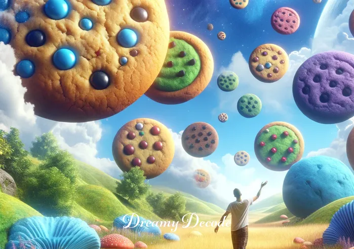 eating cookies in dream meaning _ Inside the dream bubble, an imaginative landscape unfolds, featuring oversized, colorful cookies scattered across a fantastical meadow under a bright, blue sky. The person is seen joyfully interacting with these dream cookies, symbolizing indulgence and comfort.