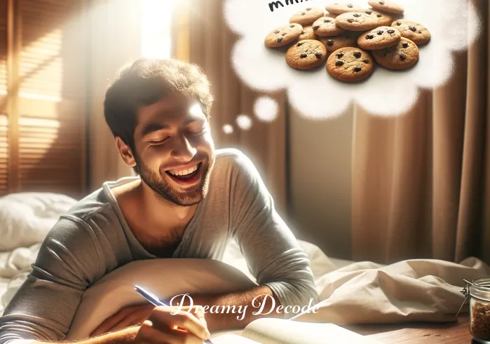 eating cookies in dream meaning _ Transitioning back to reality, the person wakes up with a smile, jotting down notes in a dream journal beside the bed. The room is filled with morning light, suggesting a new understanding or insight gained from the dream about eating cookies.