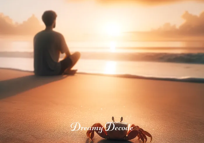crab dream meaning _ Finally, the person is back on the beach, sitting peacefully as dawn breaks. The crab, now normal-sized, scuttles across the sand towards the ocean, symbolizing a journey's end and the waking from the dream.