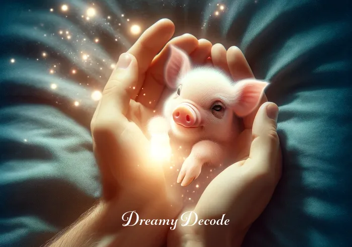 baby pig dream meaning _ A person in a cozy bedroom, peacefully sleeping under a light blue comforter with a soft smile on their face. The room is warmly lit, suggesting a serene and comfortable sleep environment.