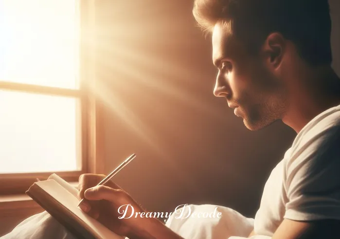 baby pig dream meaning _ The person wakes up, sitting on the edge of their bed with a thoughtful expression, jotting down notes in a dream journal. The morning sun casts a gentle light through the window, symbolizing enlightenment and self-awareness.