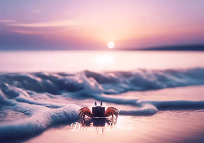 crab in dream meaning _ A serene beach scene at dusk with soft, purple and orange hues in the sky. Gentle waves lap at the shore where a single, small crab is seen emerging from the water, symbolizing the beginning of a journey or new experience in the context of dream interpretation.