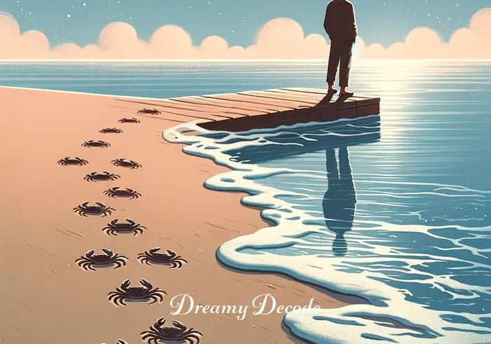 crab in dream meaning _ A person standing at the edge of the water, looking down at a trail of crab tracks in the sand. The person appears thoughtful and introspective, representing a stage of self-reflection or discovery in relation to the meaning of crabs in dreams.
