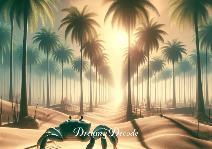crab in dream spiritual meaning _ A dream-like landscape where the crab is now journeying across a sandy path flanked by towering palm trees. The crab