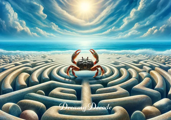crab in dream spiritual meaning _ A mystical setting where the crab reaches the center of a labyrinth made of smooth stones on the beach. This represents introspection and finding one