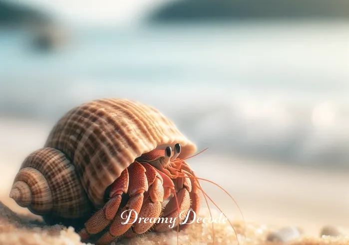 hermit crab dream meaning _ A hermit crab cautiously emerging from its shell on a sandy beach, symbolizing the start of a journey or a new beginning in a dream.