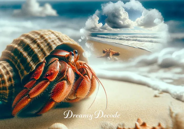 hermit crab dream meaning _ The hermit crab now fully out of its shell, exploring the beach with curiosity, illustrating the dream