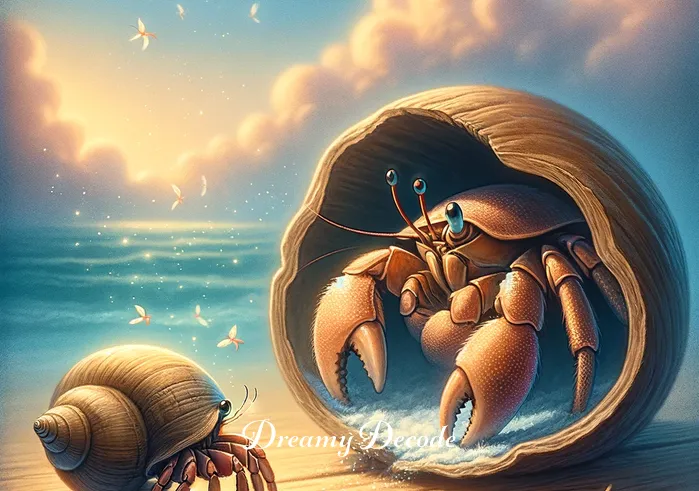 hermit crab dream meaning _ The hermit crab encountering a larger, empty shell and inspecting it, representing a dreamer