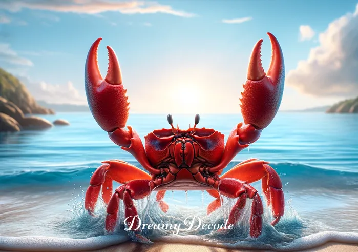 red crab dream meaning _ A vivid red crab emerging from a tranquil sea onto a sandy beach under a clear sky, symbolizing the beginning of a journey or a new phase in life.