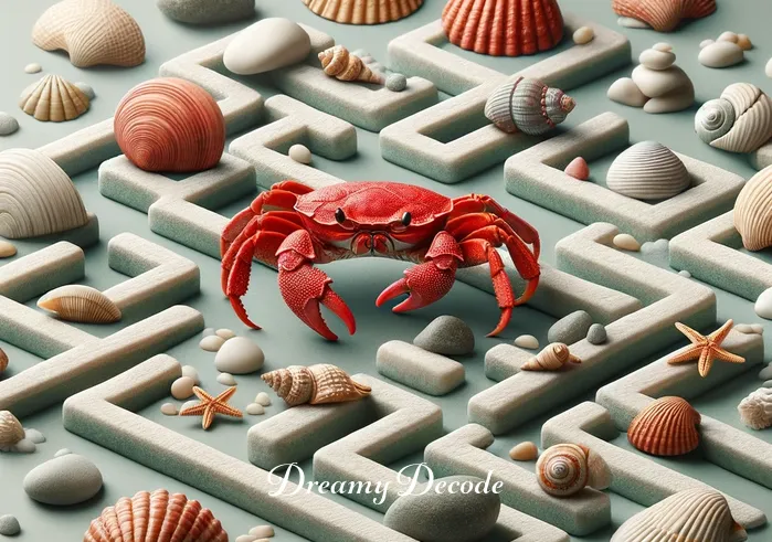 red crab dream meaning _ The red crab navigating a maze of seashells and pebbles, illustrating the challenges and obstacles one faces in personal growth or life paths.