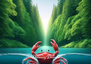 red crab dream meaning _ The red crab reaching the edge of the water, facing a lush green forest, representing the achievement of understanding or the culmination of a transformative journey in one's life.