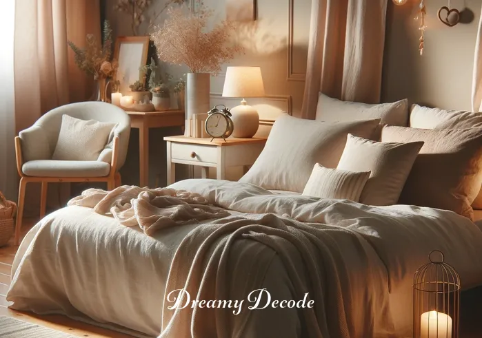 seeing crab in dream meaning _ A person in a peaceful bedroom setting, preparing for sleep. The room is softly lit, with a cozy bed and serene decorations, evoking a sense of calm and readiness for dreaming.