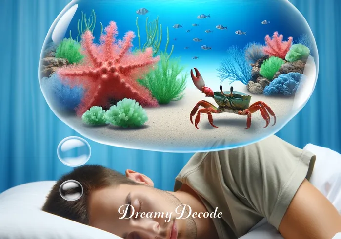 seeing crab in dream meaning _ The same person now asleep, with a dream bubble above their head. Inside the bubble, a vibrant underwater scene is depicted, featuring colorful coral reefs and a curious crab exploring the seabed.