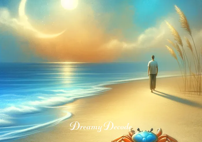 spiritual meaning of a crab in a dream _ A dreamer standing on a serene beach, gazing curiously at a small, colorful crab scuttling across the sand, symbolizing the beginning of a spiritual journey.