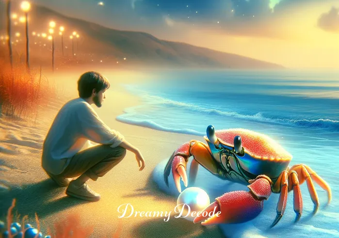 spiritual meaning of a crab in a dream _ The same dreamer kneeling closer to observe the crab, which now holds a tiny, shining pearl in its claws, representing the discovery of hidden inner treasures and self-awareness.