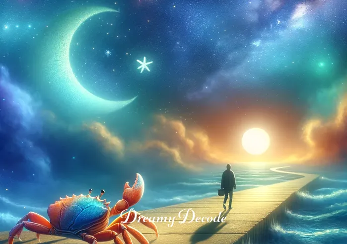 spiritual meaning of a crab in a dream _ The dreamer following the crab as it leads them towards the ocean under a starlit sky, indicating guidance and the pursuit of deeper spiritual insights.