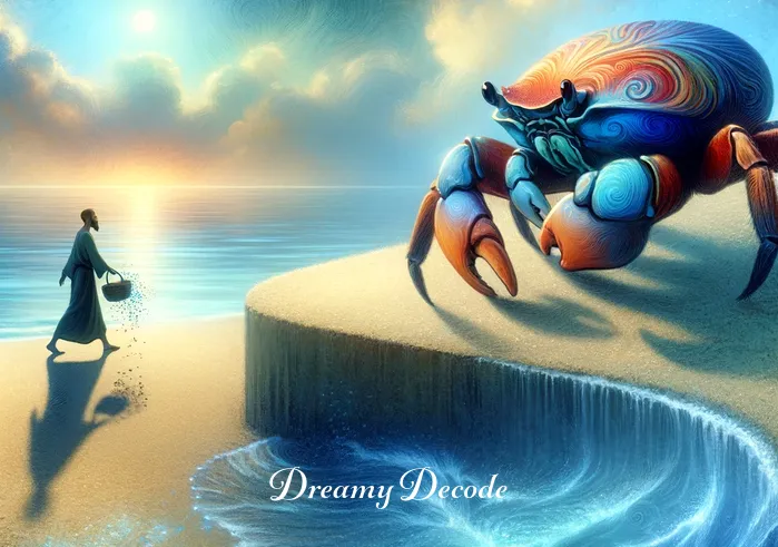 spiritual meaning of a crab in a dream _ The dreamer and the crab at the water's edge, with the crab gently returning to the sea, symbolizing the completion of the spiritual journey and the release of newfound wisdom back into the depths of the subconscious.