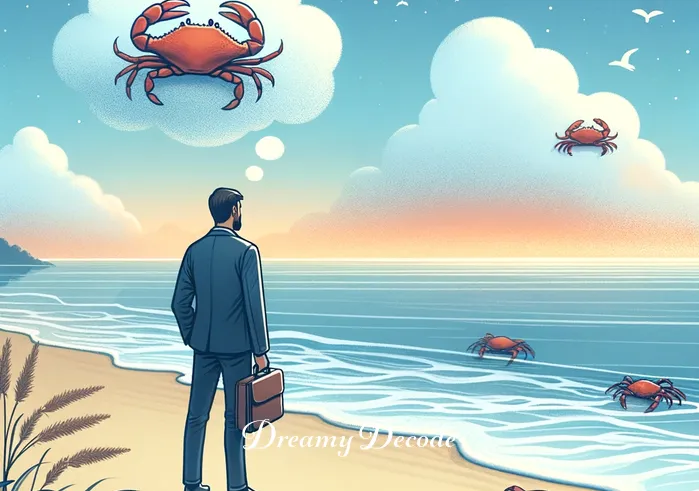 crabs dream meaning _ A person standing on a beach, looking thoughtfully at the horizon, with a few crabs scuttling around their feet, symbolizing the start of a journey into understanding dreams about crabs.