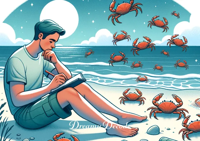 crabs dream meaning _ The same person now sitting on the beach, surrounded by crabs, with a look of curiosity and wonder, as they jot down notes in a journal, representing the exploration and analysis of crab-related dreams.