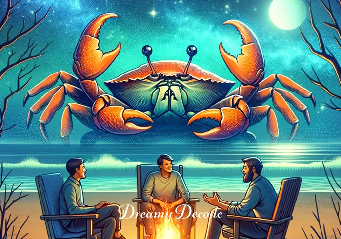 crabs dream meaning _ The person, now with a small group of friends, animatedly discussing their crab dream experiences around a cozy campfire on the beach, symbolizing the sharing and interpretation of these dreams.